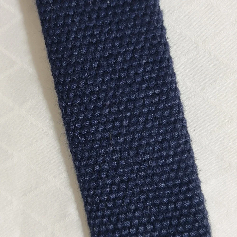Mens Navy Blue Surcingle Canvas Leather Belt Brown Trim Solid Brass Buckle 34